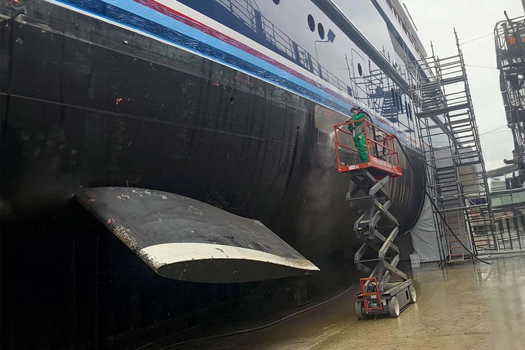 Large Marine Vessel Hull Blasting, from Lift